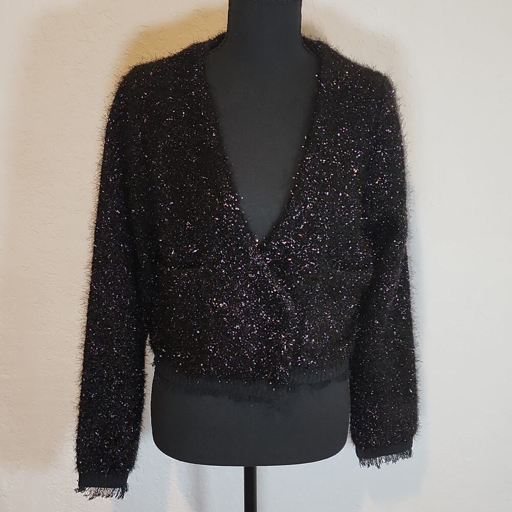 Black Fuzzy Glitter Knit Cardigan‎ Sweater V-Neck Long Sleeve S By Together